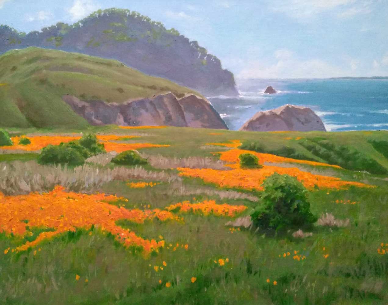 Painting by Dave Van Dyke - poppies overlooking ocean