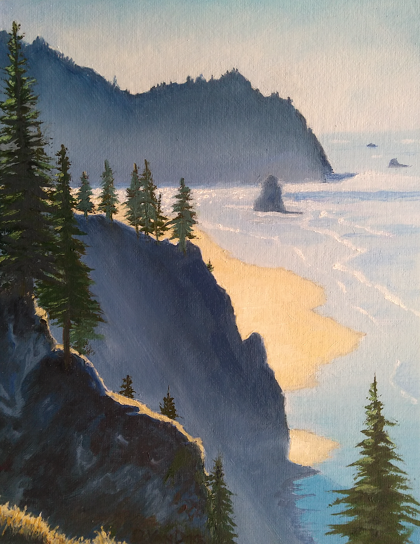 Coastal evergreen skyline and beach - oil painting by Dave Van Dyke 