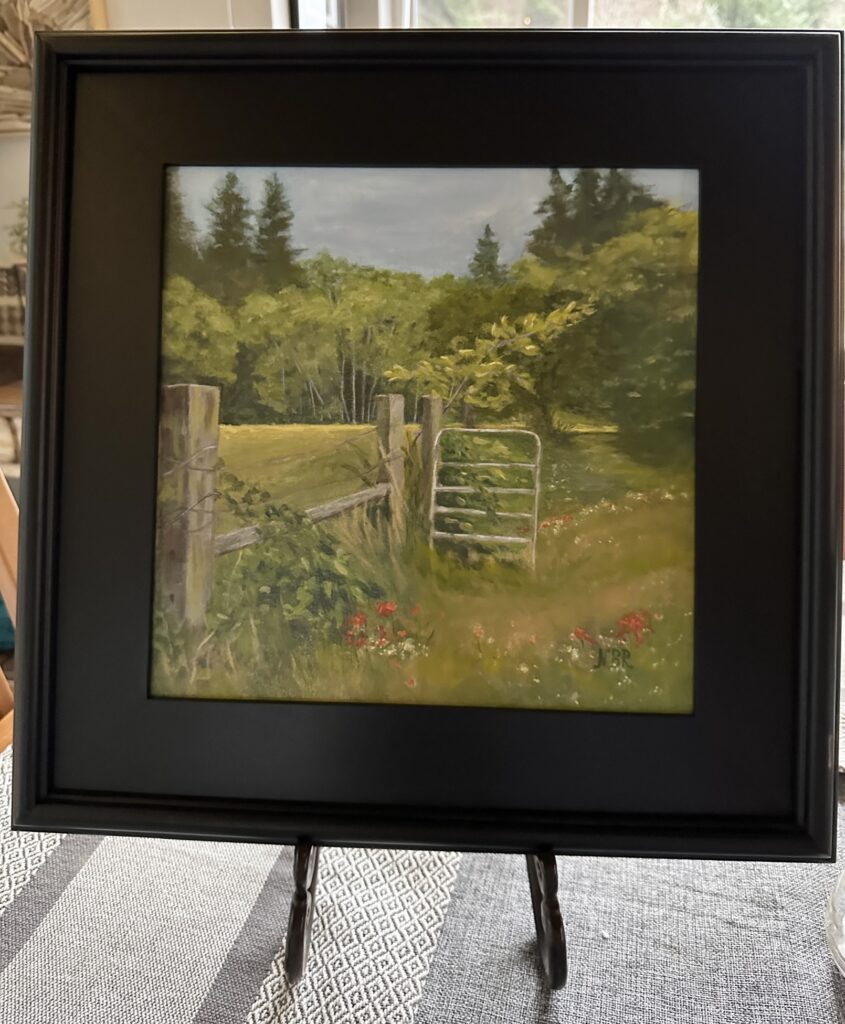 Nancy's acrylic art: a meadow "up river" from Yachats