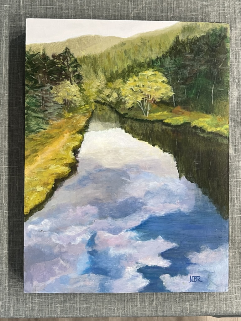 Nancy's acrylic painting of the Yachats River, looking from the bridge